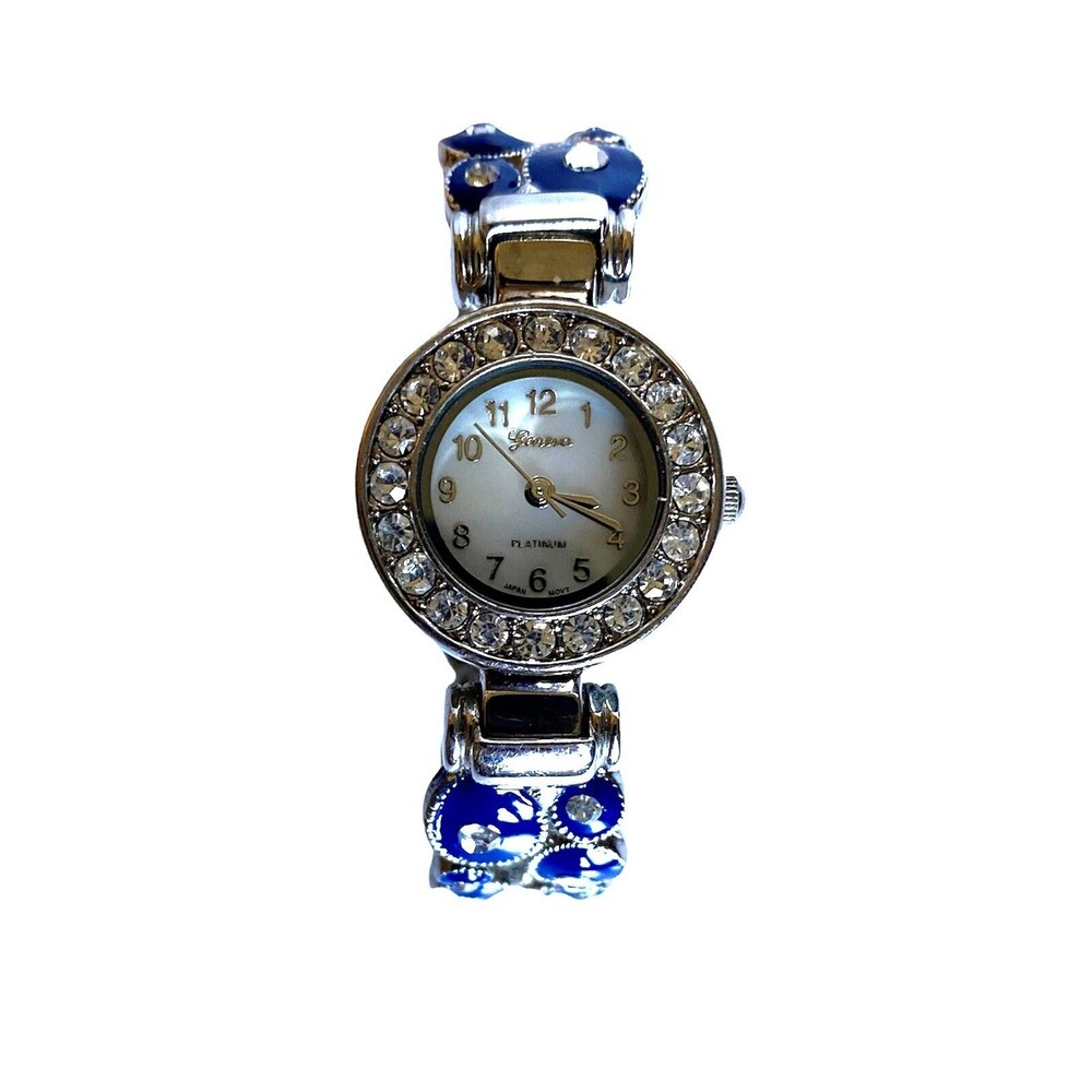 Geneva Platinum Women Cuff Watch Blue Silver Tone Rhinestones 7116 Needs Battery